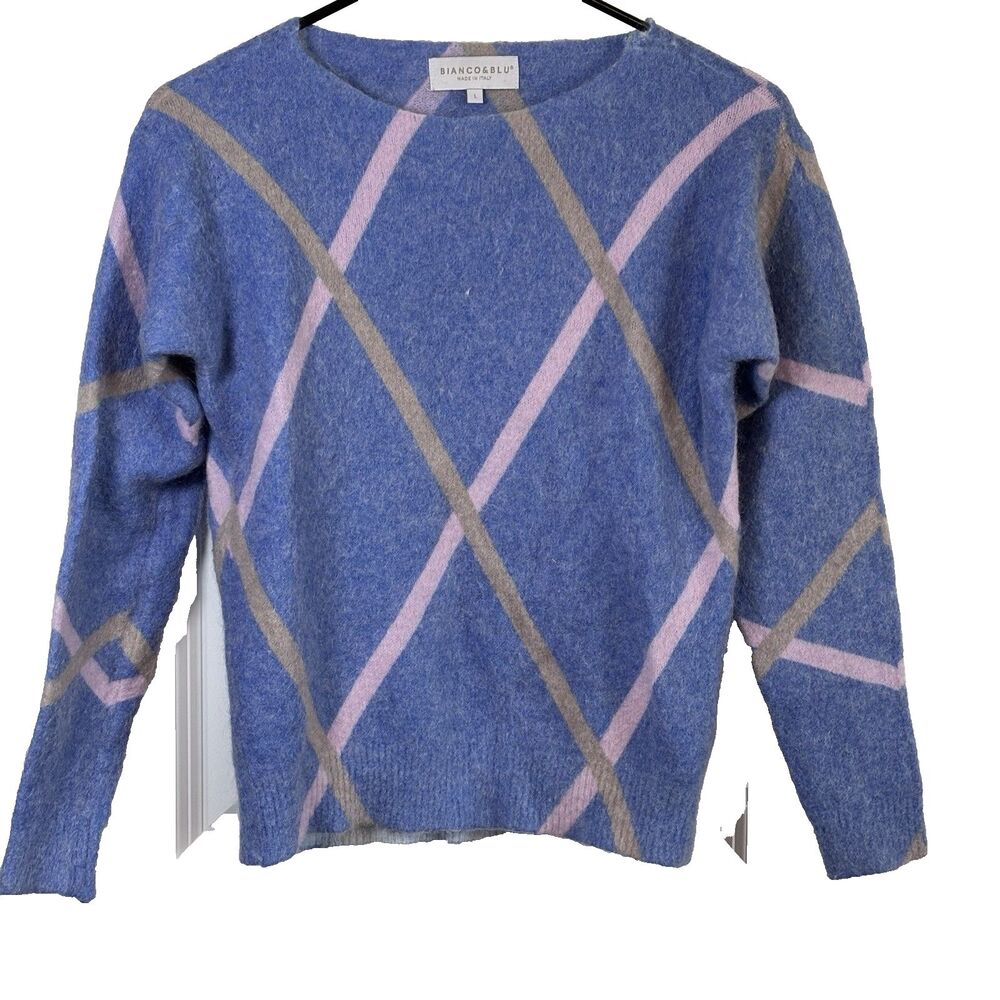 Bianco & Blu Italy Mohair Wool Nylon Sweater L Blue Pink  Soft Knit Preppy Cozy